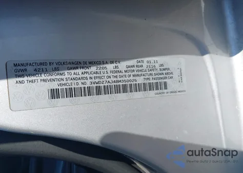 2011 Volkswagen Jetta 2.5L Se из США, поврежденный, VIN 3VWDZ7AJ4BM350025